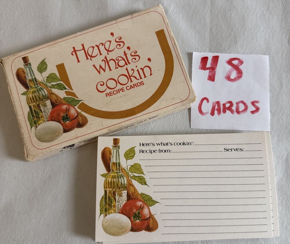 48 VTG “Here’s What’s Cooking” 3.5” x 5” Recipe Cards/Box Cottage Core 4 Designs